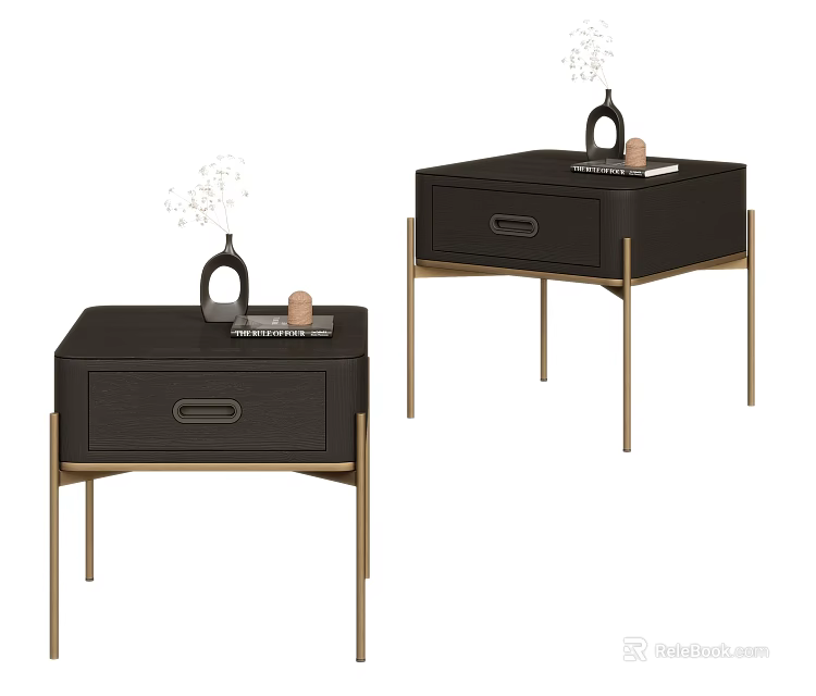 Modern Black Nightstand With Gold Metal Legs Single Drawer And Decorative Vase 3d model 