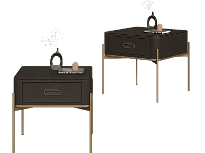 Modern Black Nightstand With Gold Metal Legs Single Drawer And Decorative Vase 3d model