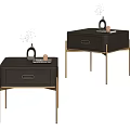 Modern Black Nightstand With Gold Metal Legs Single Drawer And Decorative Vase