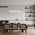 Modern Restaurant Interior Design With Dining Table Fireplace And Hanging Lights 3d model