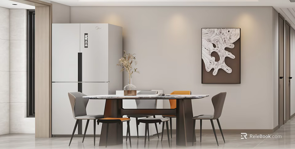 Modern Minimalist Restaurant Interior With Round Dining Table White Refrigerator And Decorative Painting 3d model 