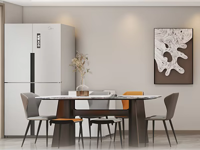 Modern Minimalist Restaurant Interior With Round Dining Table White Refrigerator And Decorative Painting 3d model