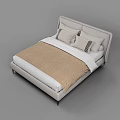 Modern Light Colored Double Bed With Upholstered Headboard Pillows Plaid Blanket And Metal Legs