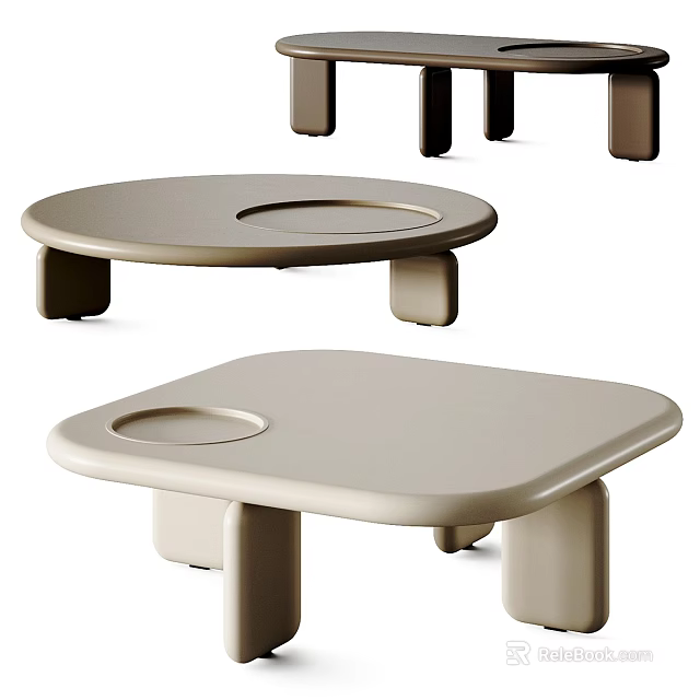 Modern Minimalist Coffee Table With Round Square Tops Beige Finish And Short Geometric Legs 3d model 