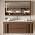 Modern Bathroom Vanity With LED Mirror Wooden Countertop Brown Cabinet And Toiletries