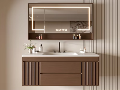 Modern Bathroom Vanity With LED Mirror Wooden Countertop Brown Cabinet And Toiletries 3d model