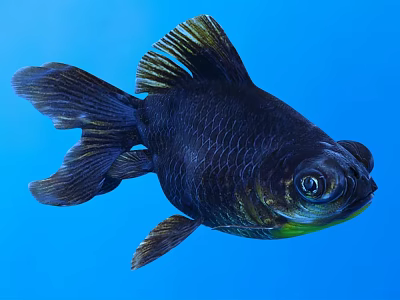 Stunning Black Goldfish With Big Eyes Swimming In Clear Blue Water Background 3d model