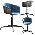 Two Blue Modern Office Chairs with Upholstered Seats Wooden Armrests and Metal Base