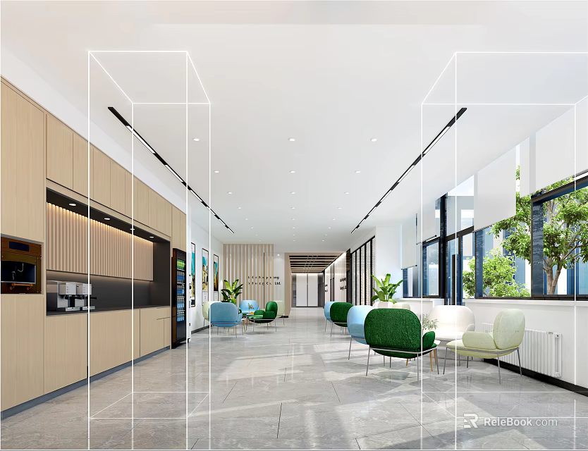 Modern Spacious Lounge Area Interior Design With Comfortable Seating Green Plants And Large Windows 3d model