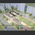 Aerial Planning of Modern School Campus Featuring Classroom Buildings Sports Field and Lush Greenery