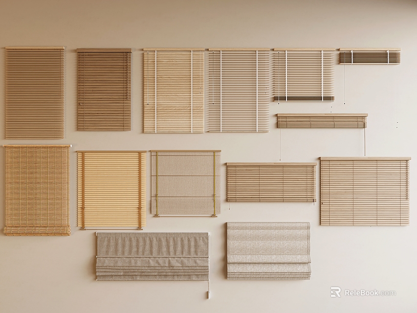 Various Styles of Window Blinds Displayed on Wall with Different Designs 3d model 