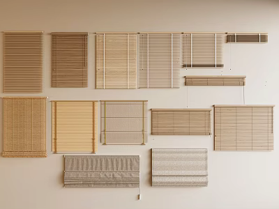 Various Styles of Window Blinds Displayed on Wall with Different Designs 3d model