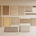 Various Styles of Window Blinds Displayed on Wall with Different Designs