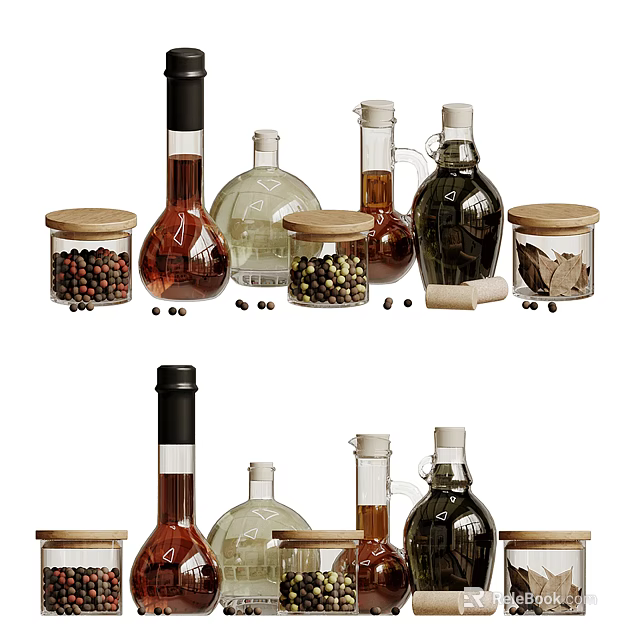 Assorted Glass Spice Bottles And Herb Jars With Different Condiments 3d model