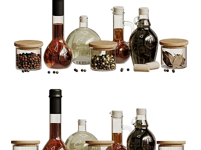 Assorted Glass Spice Bottles And Herb Jars With Different Condiments 3d model