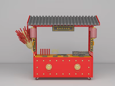 Functional Traditional Food Cart With Red Body Gray Tiled Roof Red Lanterns And Golden Decorations 3d model