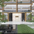 Elegant Modern Residential Building Exterior With Grand Marble Entrance And Landscaped Greenery Lighting