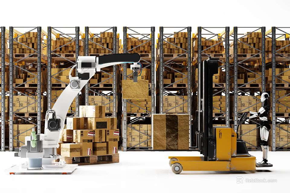 Intelligent Machines Automating Warehouse Operations With Robotic Arm And Forklift 3d model 
