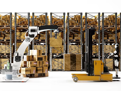 Intelligent Machines Automating Warehouse Operations With Robotic Arm And Forklift 3d model
