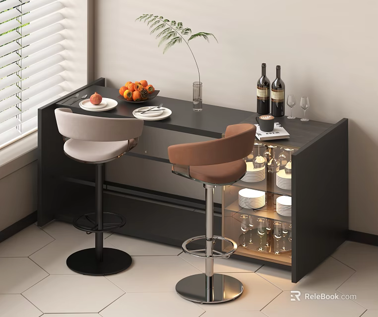 Modern Bar Counter With Black Countertop Beige Brown Stools Fruits Wine Glasses And Glass Cabinet 3d model 