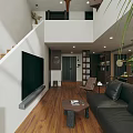 Stylish Comfortable Modern Living Room With Leather Sofa Large TV And Natural Wooden Flooring