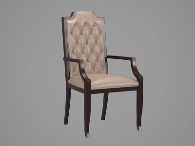 Classic High Back Tufted Dining Chair With Armrests Dark Wooden Frame Light Upholstered 3d model