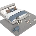 Modern Gray Double Bed With Blue Bedding Pillows On Carpet And Stuffed Deer Toys