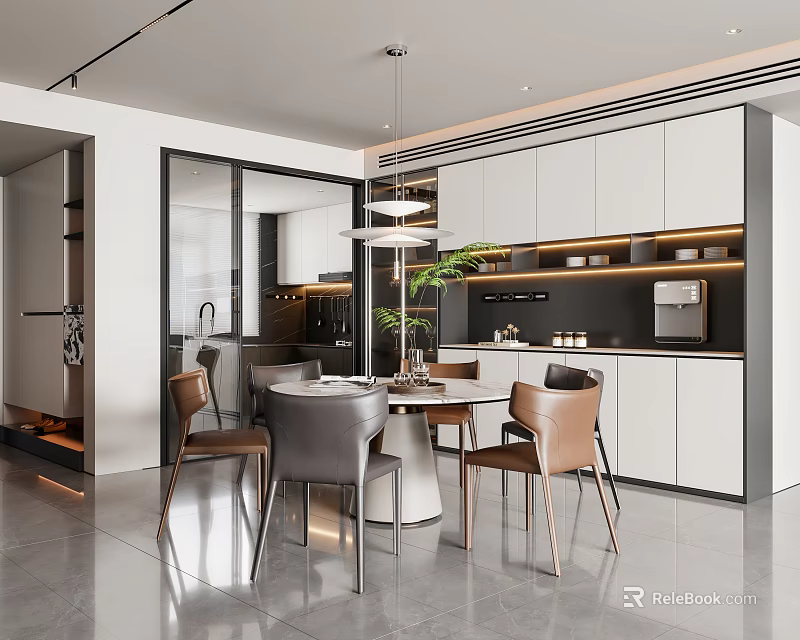 Modern Restaurant Interior With Round Dining Table Chairs Green Plant And Pendant Lighting 3d model 