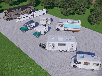 Various Types of RVs Parked in Grass and Paved Parking Area 3d model