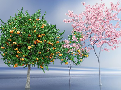 Ornamental Arbor Trees With Orange Fruits And Pink Blossoms In Blue Sky Water Setting 3d model