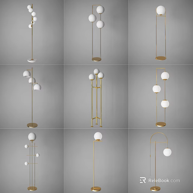 Modern Floor Lamp Designs With Gold Metal Stand And White Spherical Shades 3d model 