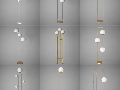 Modern Floor Lamp Designs With Gold Metal Stand And White Spherical Shades 3d model