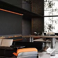 Modern Banquet Hall Interior Design With Black Orange Decor Large Chandeliers Floor To Ceiling Windows
