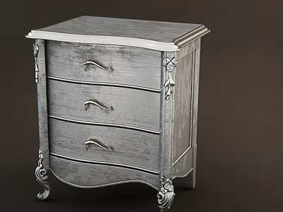 Vintage Style Silver Bedside Table With Three Drawers And Ornate Carvings 3d model