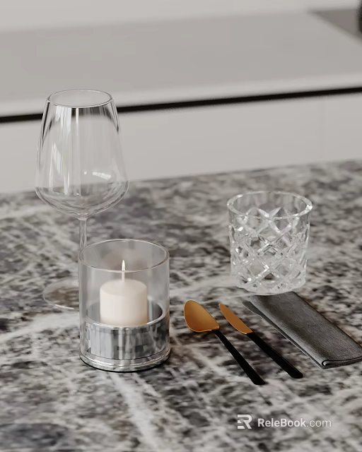 Elegant Decorative Ornament Set with Wine Glass Candle Holder Tumbler Spoons Napkin on Marble Tabletop 3d model 