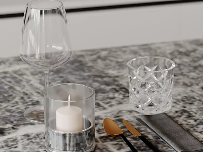 Elegant Decorative Ornament Set with Wine Glass Candle Holder Tumbler Spoons Napkin on Marble Tabletop 3d model
