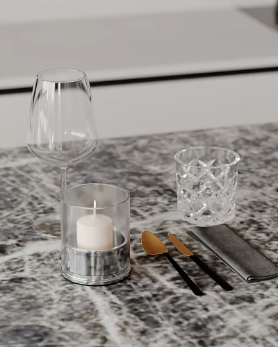 Elegant Decorative Ornament Set with Wine Glass Candle Holder Tumbler Spoons Napkin on Marble Tabletop 3d model