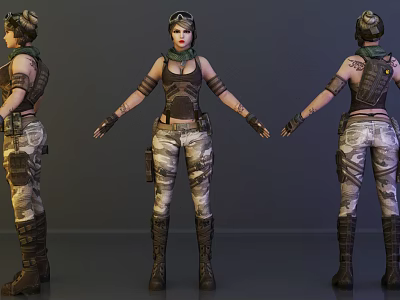 Game Movie Female Character In Military Outfit With Camouflage Pants Tactical Vest And Tattoos 3d model