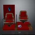 Elegant Ceremonial Chair Setup With Red Seats Wooden Armrests Red Carpet And Backdrop