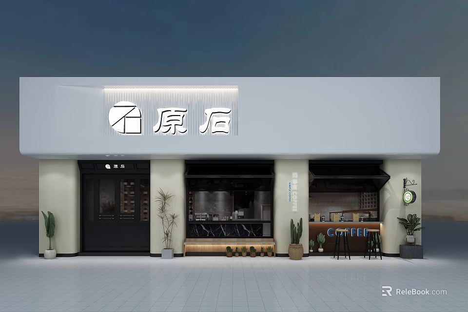 Modern Coffee Shop Storefront Design With Black Door Plants Glass Display And Signage 3d model 