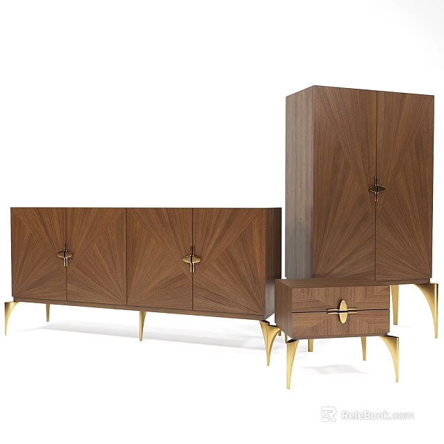 Modern Wooden Storage Cabinets With Gold Metal Hardware And Geometric Door Panels 3d model 