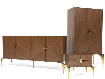 Modern Wooden Storage Cabinets With Gold Metal Hardware And Geometric Door Panels 3d model