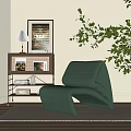 Sage Green Velvet Single Sofa In Modern Minimalist Room With Side Cabinet And Green Plant