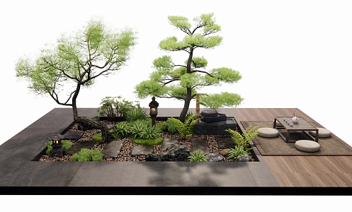 Japanese-style Zen courtyard landscape sketch slate tingbu landscape micro-terrain stone gravel plant pile pine landscape tree tea table water bowl 3d model