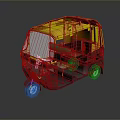 Three wheeled auto rickshaw with yellow roof black body front windshield and interior seats