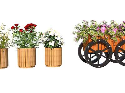 Decorative Flower Planters Wooden And Wheel Design With Colorful Flowers For Garden Decoration 3d model