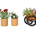 Decorative Flower Planters Wooden And Wheel Design With Colorful Flowers For Garden Decoration