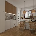 Modern Kitchen and Dining Room Open Space Design With Washing Machines Cabinets And Wooden Floors