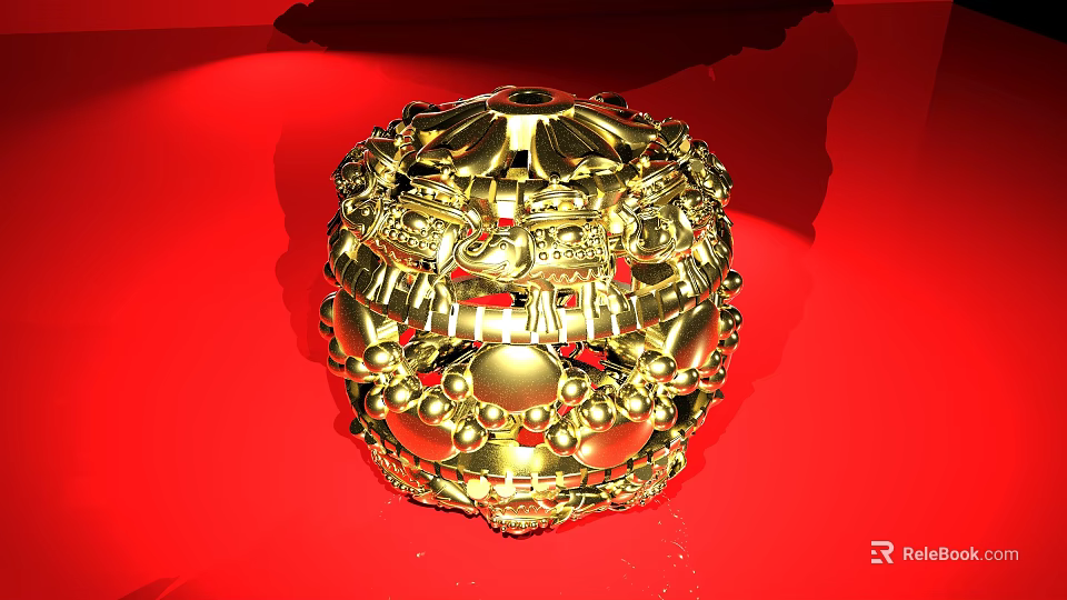Ornate Golden Jewelry Piece With Intricate Patterns And Circular Motifs On Red Background 3d model 