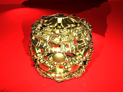 Ornate Golden Jewelry Piece With Intricate Patterns And Circular Motifs On Red Background 3d model